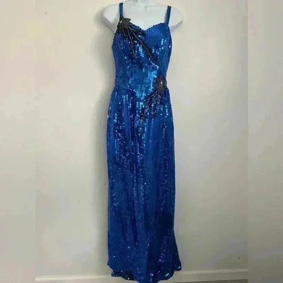 Vintage Alyce Designs Sapphire Blue Sequin Beaded Dress Size 8 - Picture 1 of 12